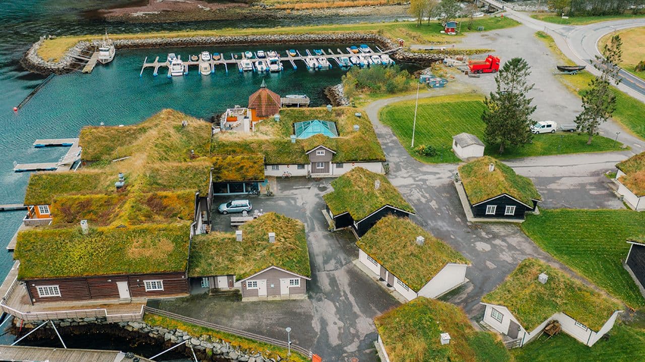 Grønne tak på boliger ved vannet.