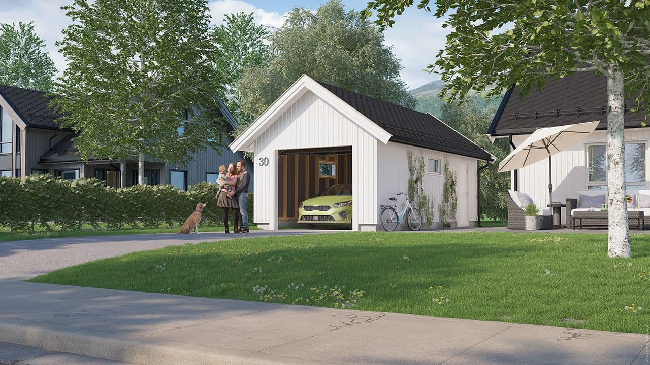 Enkel ferdig garasje i hvit med saltak 35 grader fra Saltdalsgarasjen.