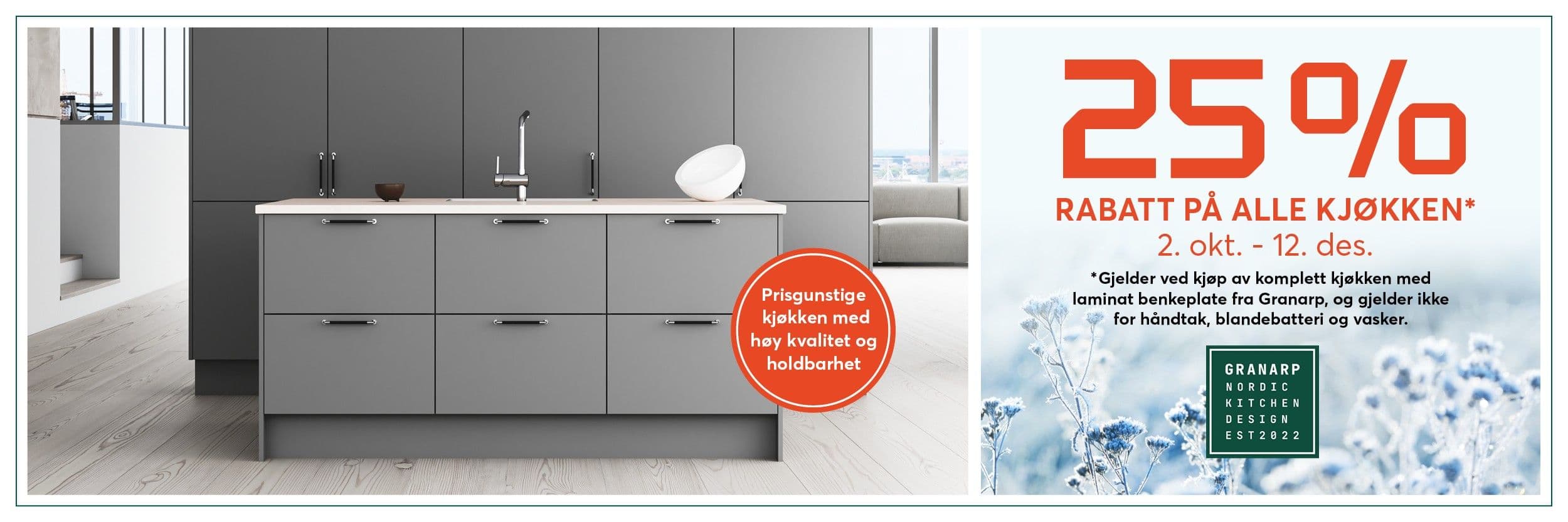 25% rabatt på alle kjøkken, fra 2. oktober til 12. desember. Gjelder ved kjøp av komplett kjøkken med laminat benkeplate fra Granarp, og gjelder ikke for håndtak, blandebatteri og vasker.