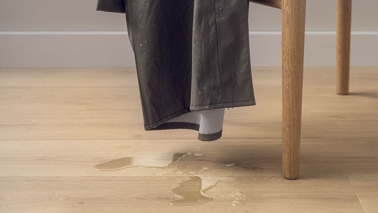 Laminatgulv med vannsøl på gulvet fra en våt regnjakke.