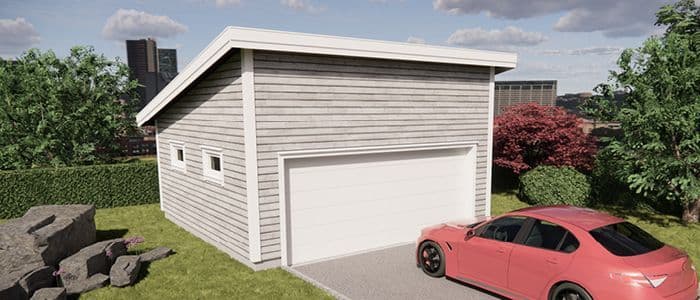 Dobbelgarasje med skråtak 12 grader og rød bil foran.