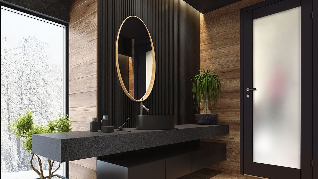 moderne bad med sort dør og frostet glass