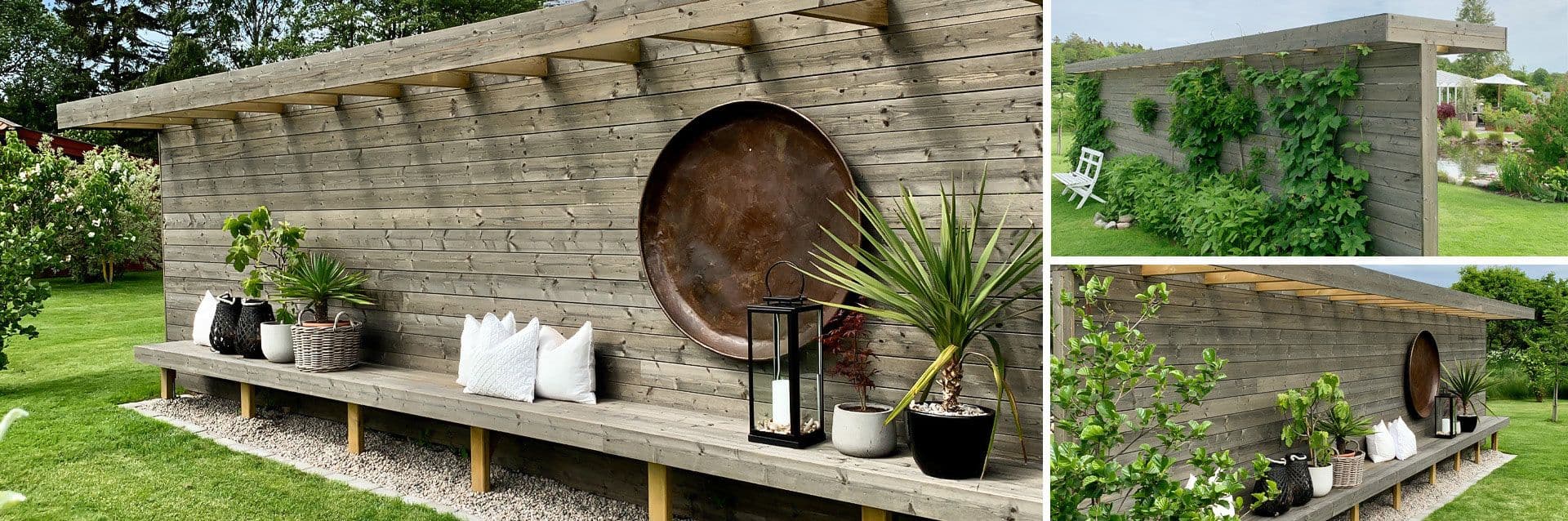 Levegg med benk på den ene siden og plantevegg på den andre.