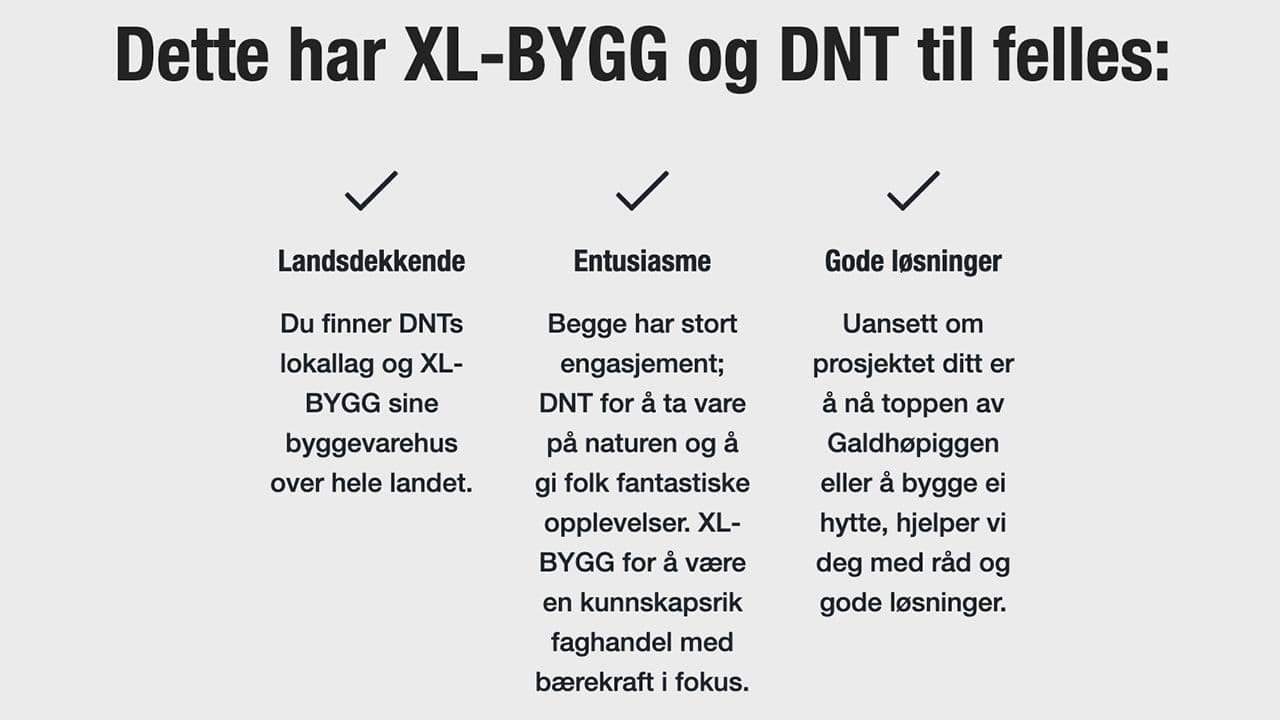 Liste med fellestrekk mellom XL-BYGG og DNT.