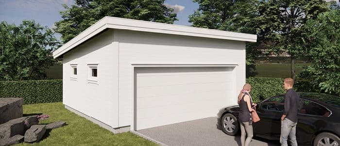 Hvit dobbelgarasje med skråtak 6 grader og to vinduer.